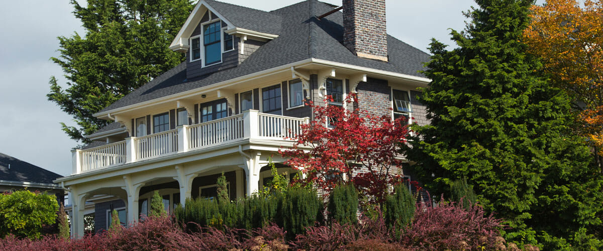 Residential home surrounded by evergreen and maple trees